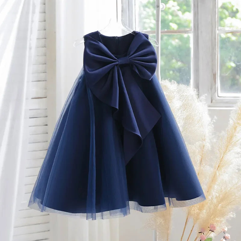 Sari-Elle elegant party dress with large bow in navy blue, tulle A-line for girls ages 4-6; 8 stunning colors.