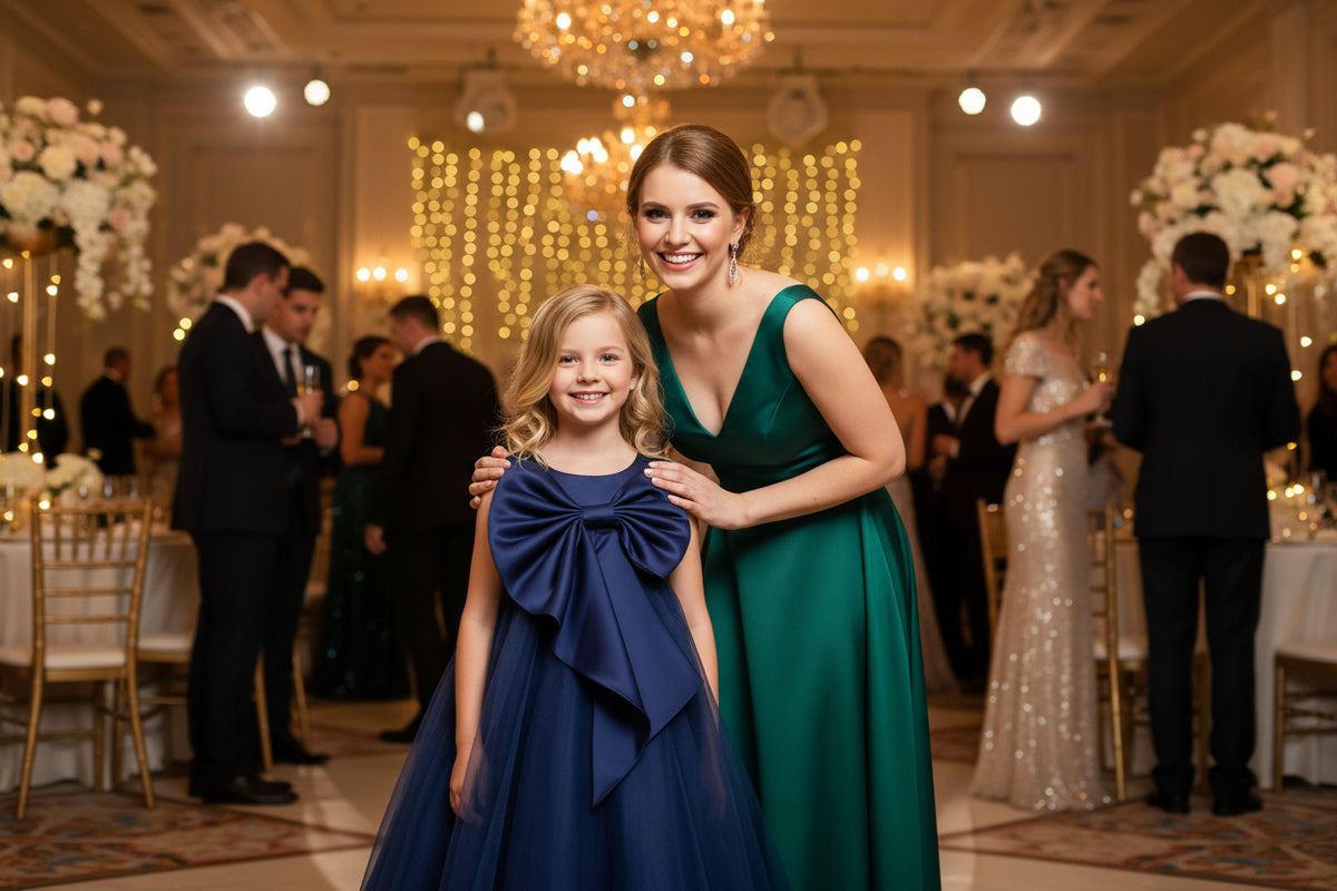 Little girl in navy Sari-Elle Elegant Party Dress With Large Bow at a formal event, smiling beside a woman in green.