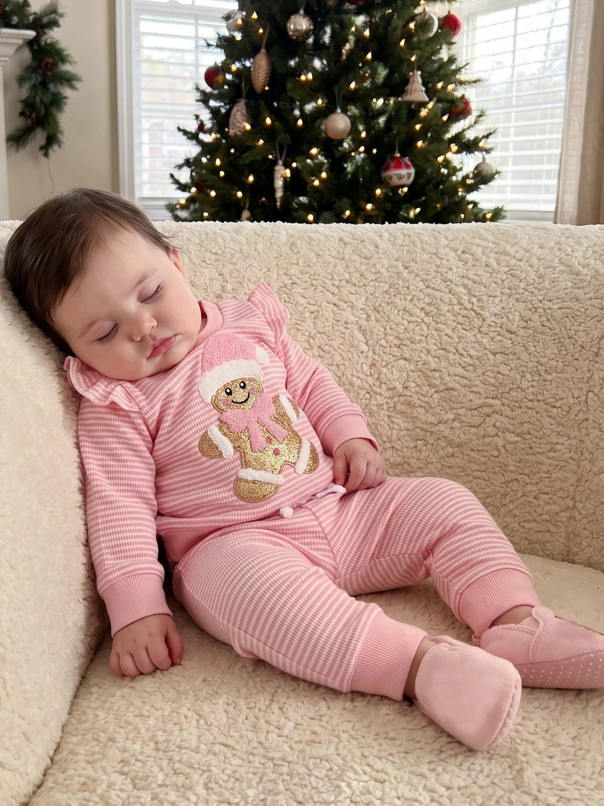 Sleeping baby in pink and white striped Gingerbread Baby 2-piece set with long sleeves and embroidery, perfect Christmas outfit for newborns and toddlers.