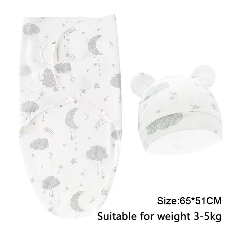 Soothing Baby Swaddle Set Cartoon for Newborns in a cute cloud print, including a hat with bear ears, perfect for gentle swaddling.