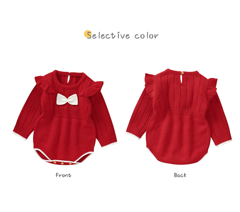 Overview of the Bowtie Cutie Long Sleeve Knitted Bubble in Holiday Red, highlighting front and back views with a charming bowtie and ruffle design.