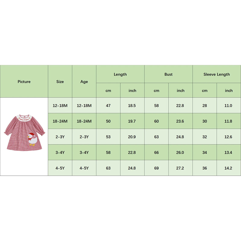 Size chart for Merry Christmas, Ducky! Checked Smocked Dress detailing measurements for children aged 12 months to 5 years, ensuring the perfect fit for holiday celebrations.