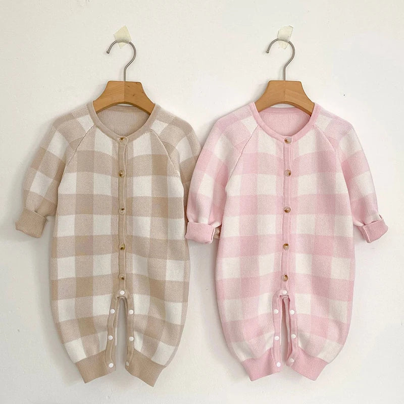 Cozy Fall Plaid Knit Baby Rompers - 2 Delightful Colors