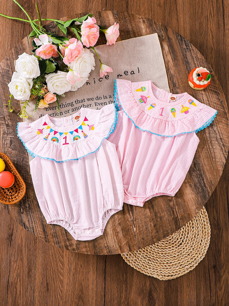 Birthday Girl Romper featuring lightweight cotton fabric in pink gingham style, ruffled collar design. Ideal for celebrations for little girls aged 0-24 months.