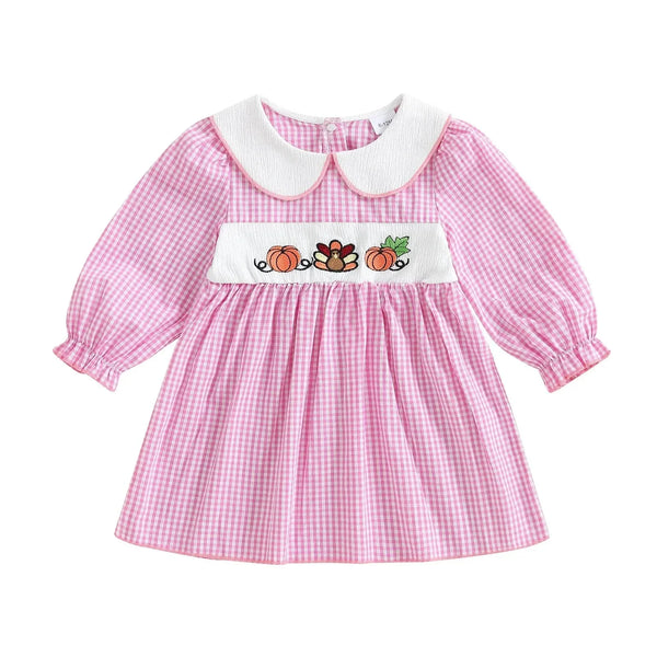 "Pumpkins and Turkeys" Embroidered Plaid Dress - 2 Colors - The Palm Beach Baby