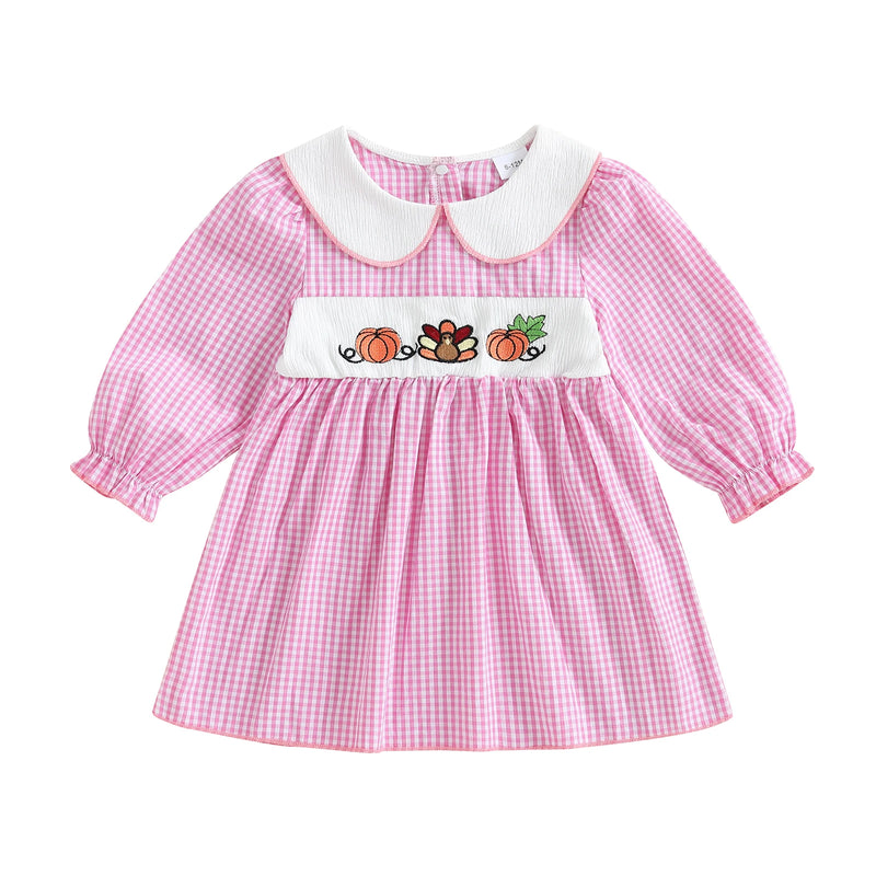 "Pumpkins and Turkey" Embroidered  Plaid Dress for Little Girls - 2 Colors