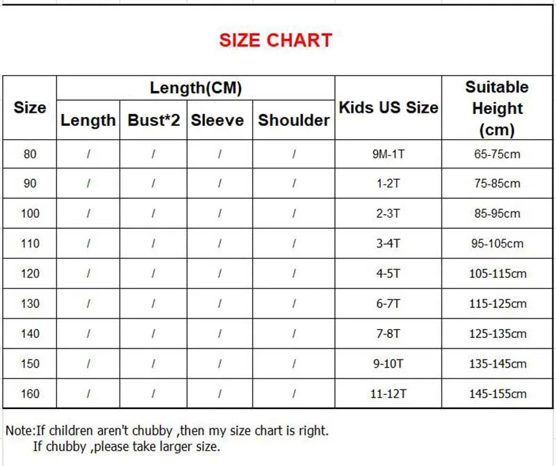 Kids' clothing size chart showing lengths, bust, sleeve, shoulder, US size, and height ranges (80–160).