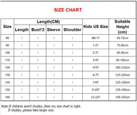 Kids' clothing size chart showing lengths, bust, sleeve, shoulder, US size, and height ranges (80–160).