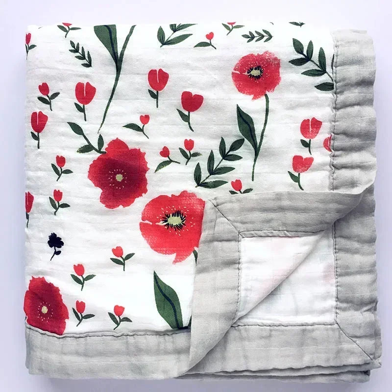 Two-layer bamboo cotton baby blanket for newborns with red floral pattern and gray border, unisex swaddle.