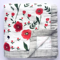 Two-layer bamboo cotton baby blanket for newborns with red floral pattern and gray border, unisex swaddle.