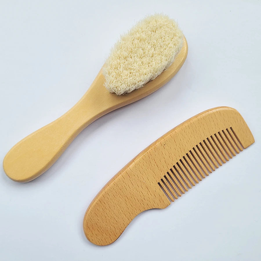 Wooden two-piece baby comb and soft brush set for ages 0-36 months, length 13.51