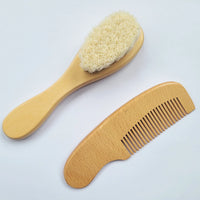 Wooden two-piece baby comb and soft brush set for ages 0-36 months, length 13.51