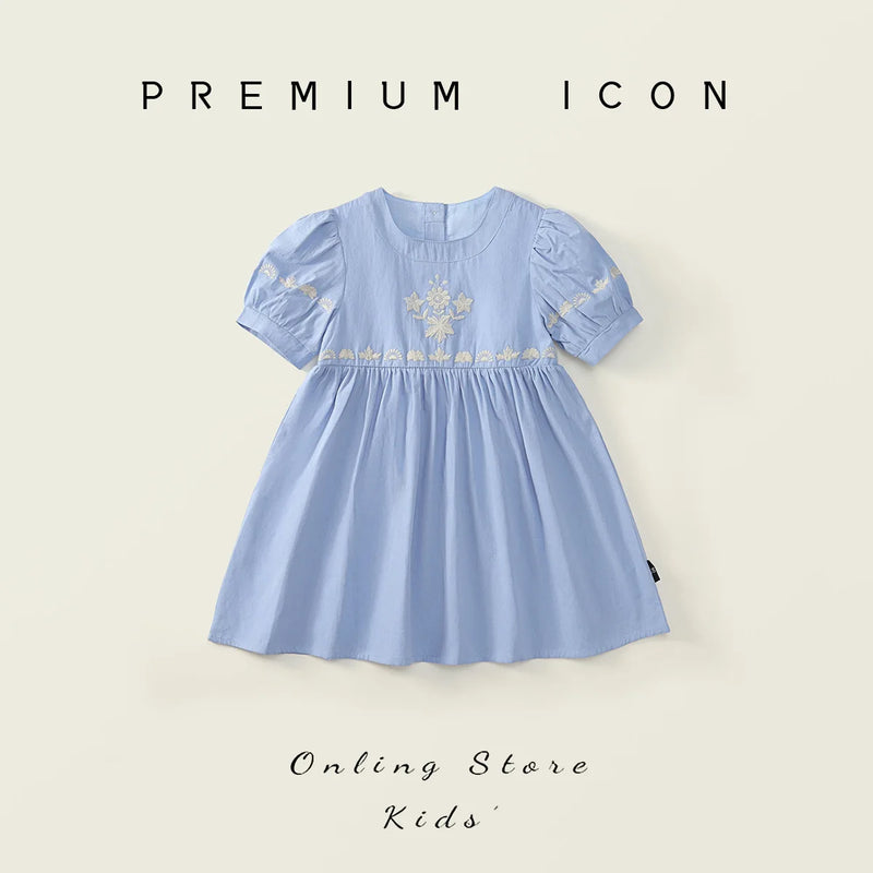 Pretty In Blue Embroidered Dress for Girls - Short-Sleeved Party Dress featuring a classic design with puffed sleeves and beautiful embroidery.