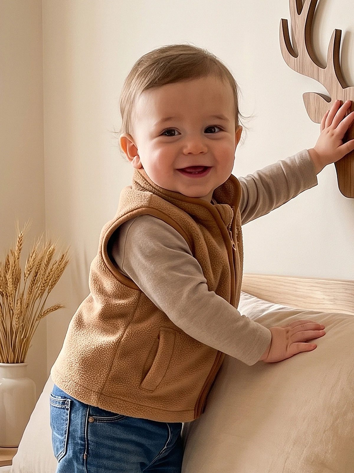 Trevor Khaki Lightweight Zippered Deer Embroidered Boys Vest - Soft and Comfy