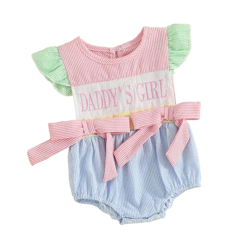 Embroidered Daddy's Girl pink-green striped seersucker bubble romper with pink bow belt for babies.