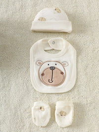 Little Bear beige 8-piece newborn romper set with bear-themed bib, hat, and socks in 100% cotton