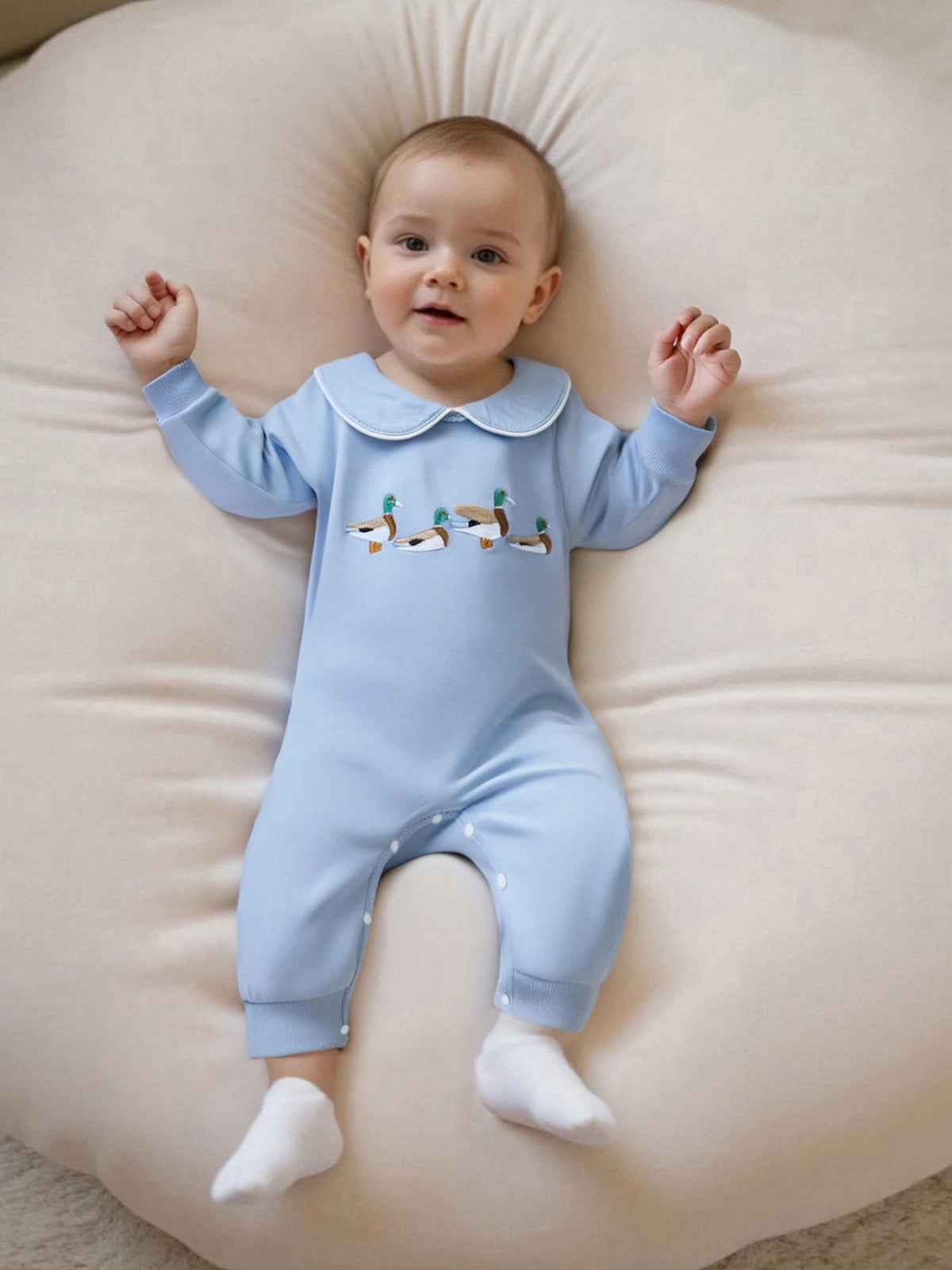 Little Ducks Preppy Boca Blue Romper for Babies - Long Sleeved with Peter Pan Collar
