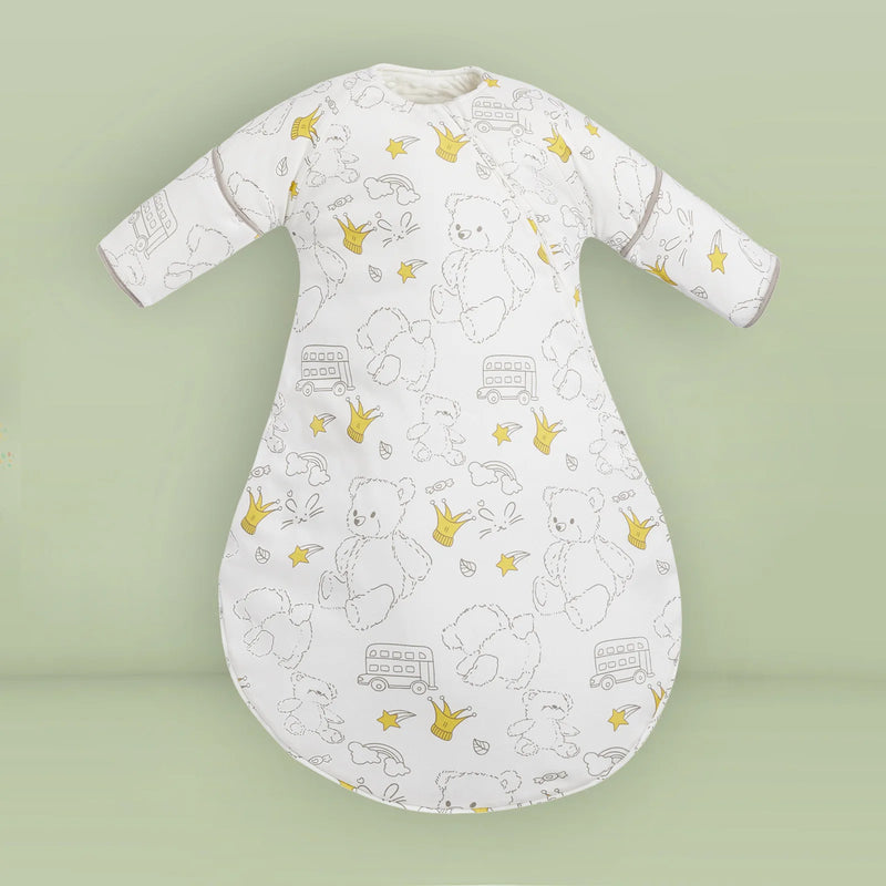 Soft Zippered Anti-Kick Toddler Sleep Sack adorned with cute teddy bears and stars, providing warmth and comfort during sleep.