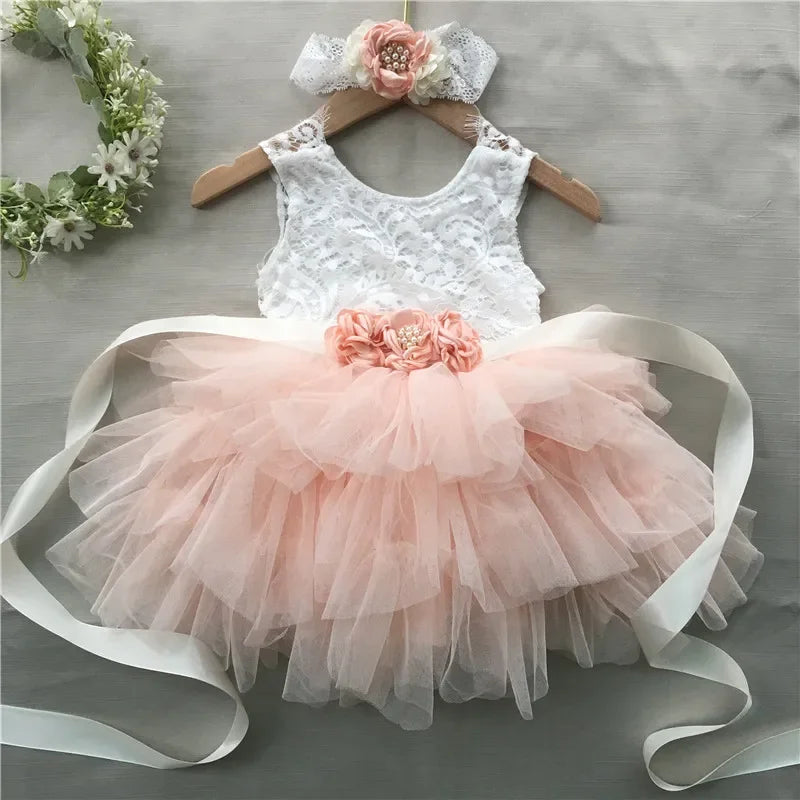 Elegant Roxane vintage-inspired girls' beaded dress set with lace bodice, pink tulle skirt, belt and headband.