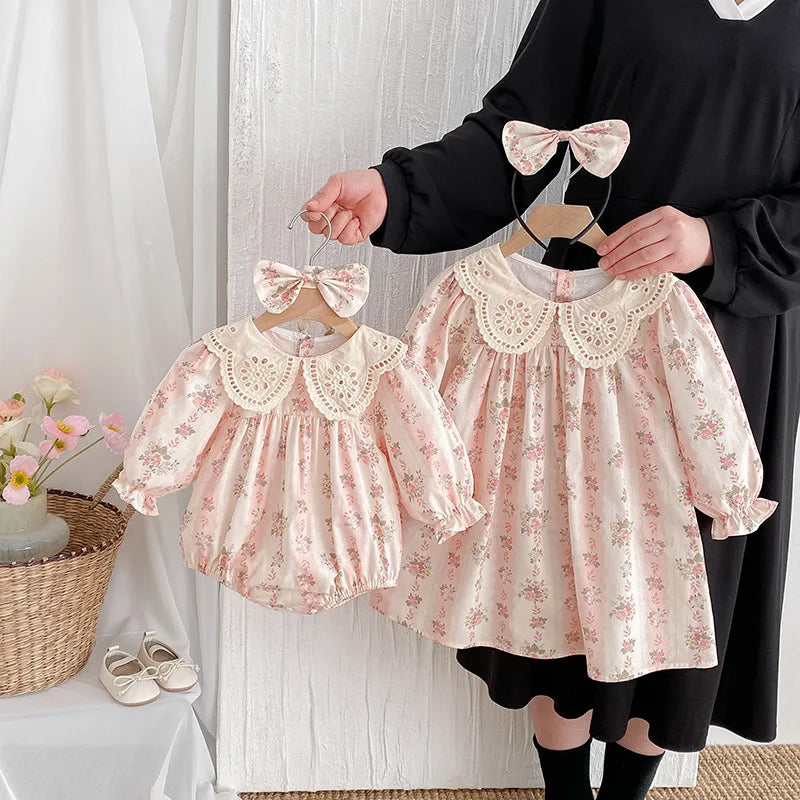 "Emma" Palm Beach Pink Sibling Lace Florals - Dress or Romper
