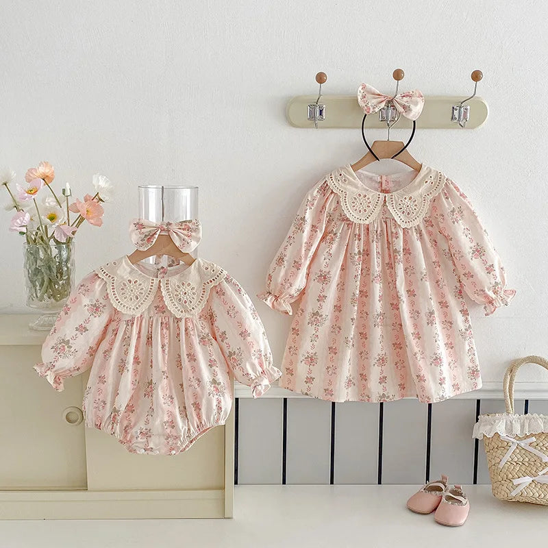 "Emma" Palm Beach Pink Sibling Lace Florals - Dress or Romper