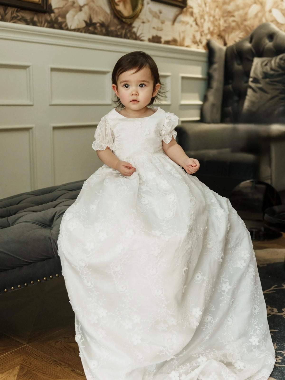 Remy Christening Gown for Babies and Toddlers - Puff Sleeve Elegance