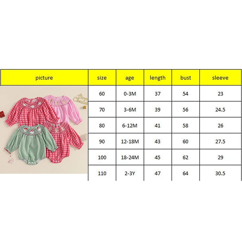 Holiday Cuteness Smocked Baby Bubbles size chart showcasing various sizes and measurements for baby rompers.