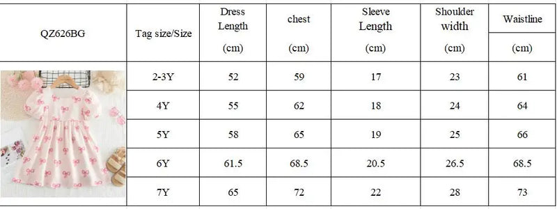 Size chart for the Sweet Little Bows Party Dress, detailing measurements for different sizes perfect for girls aged 2 to 7.