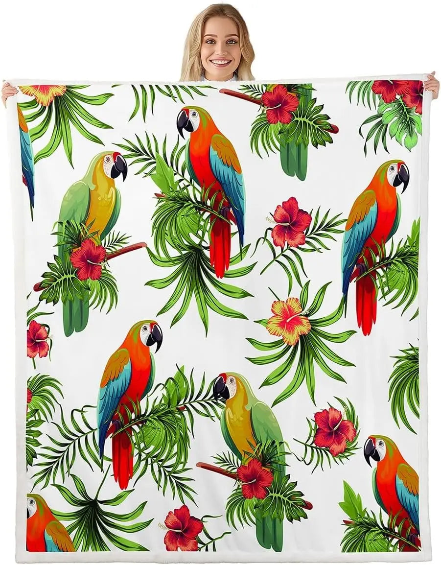 Jungle Rumble double-sided children's blanket Spring/Fall featuring colorful parrots and tropical foliage.