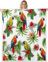 Jungle Rumble double-sided children's blanket Spring/Fall featuring colorful parrots and tropical foliage.