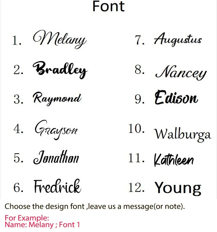 Font style options: 12 handwritten name styles for personalized baby brush/comb.