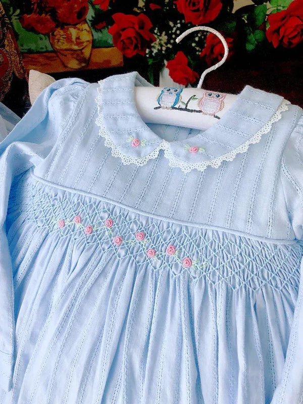 Embroidered Smocked Dress in Blue with Lace Accents and Peter Pan Collar - The Palm Beach Baby