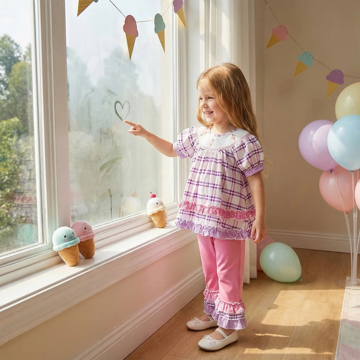 Little girl in frilly boho plaid top and pink pants two-piece set by window.