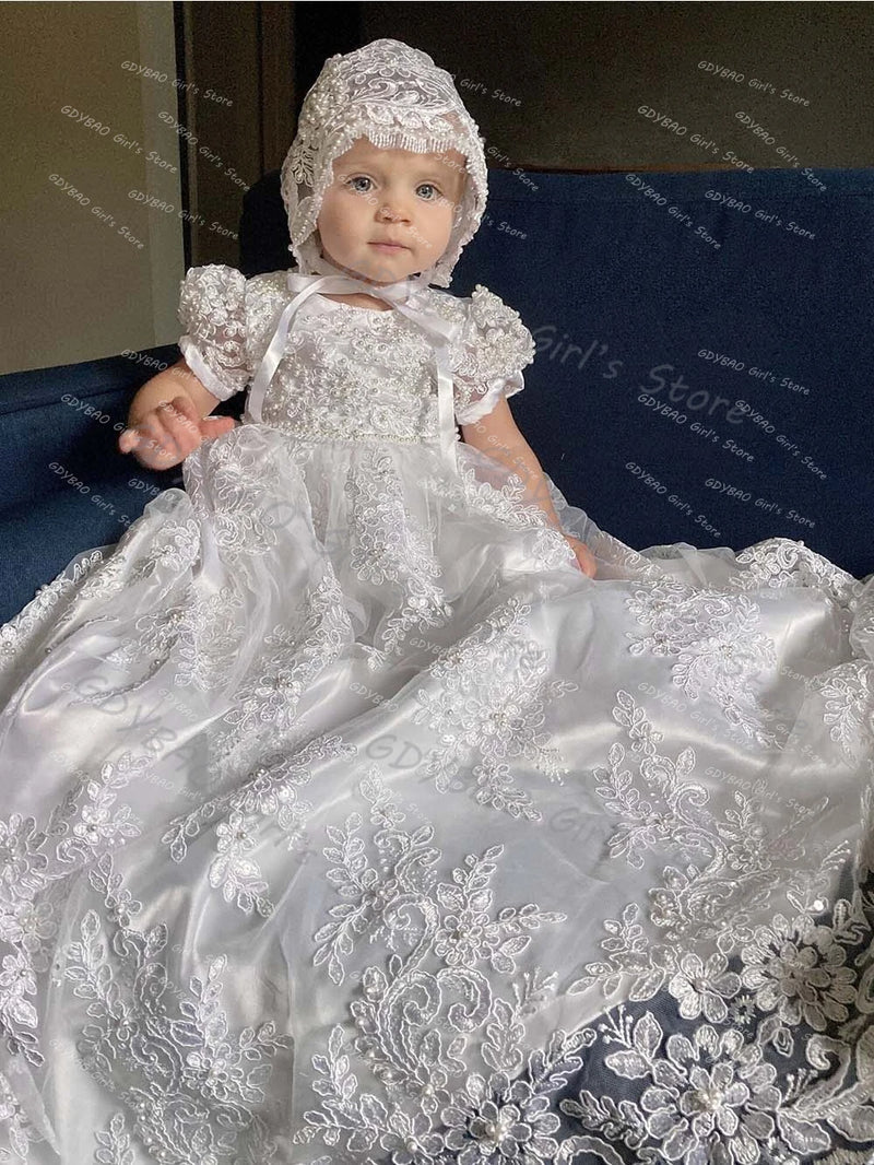 "Baby Sofia" Christening Baptism Lace Long Gown & Matching Bonnet