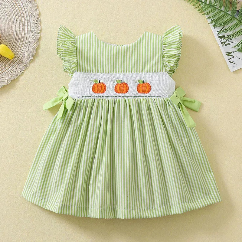 "My Little Pumpkins" Pumpkin Embroidered Dress -Flutter Sleeves - 2 Cute Colors - The Palm Beach Baby