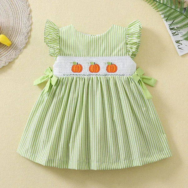 "My Little Pumpkins" Pumpkin Embroidered Dress -Flutter Sleeves - 2 Cute Colors - The Palm Beach Baby