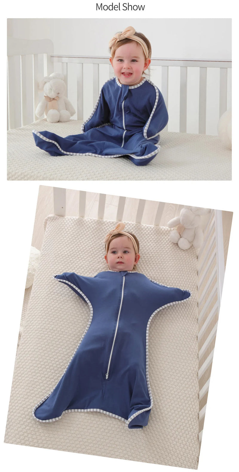 Cute baby model showing the Cozy Cotton Anti-Kick Calming Baby Sleeping Sack in a crib for a cozy nap.
