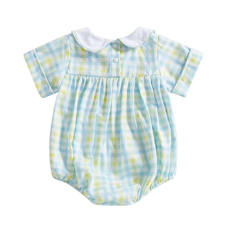 Hoppin' Good Time Plaid Peter Pan Collared Bubble With Bunny Smocking - The Palm Beach Baby Estimated 14 - 20 Day Shipping