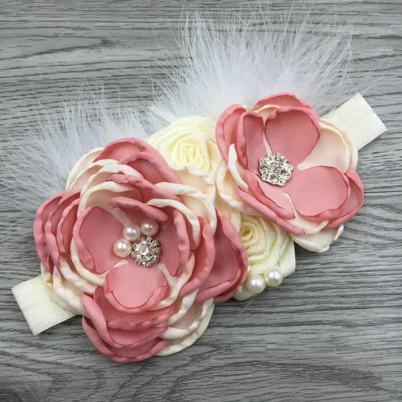 Chic Baby Chiffon Hair Accessories with Beaded Rhinestones for Babies to Toddlers, featuring a pink flower headband, perfect for birthdays and celebrations.