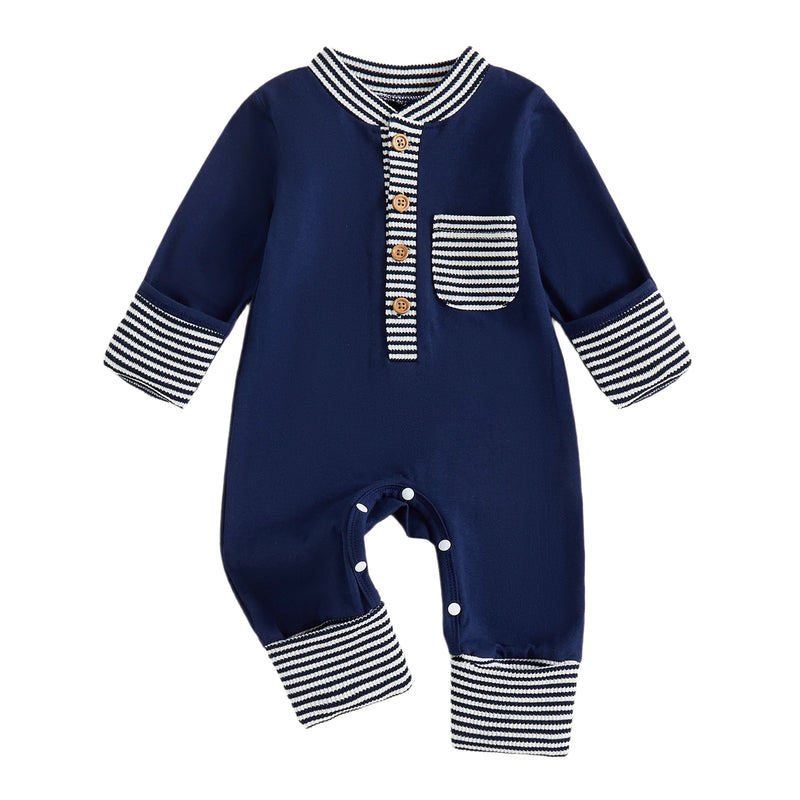 Hudson Button-Down Stripe Romper in navy with button details and a front pocket, perfect for baby boys and girls.