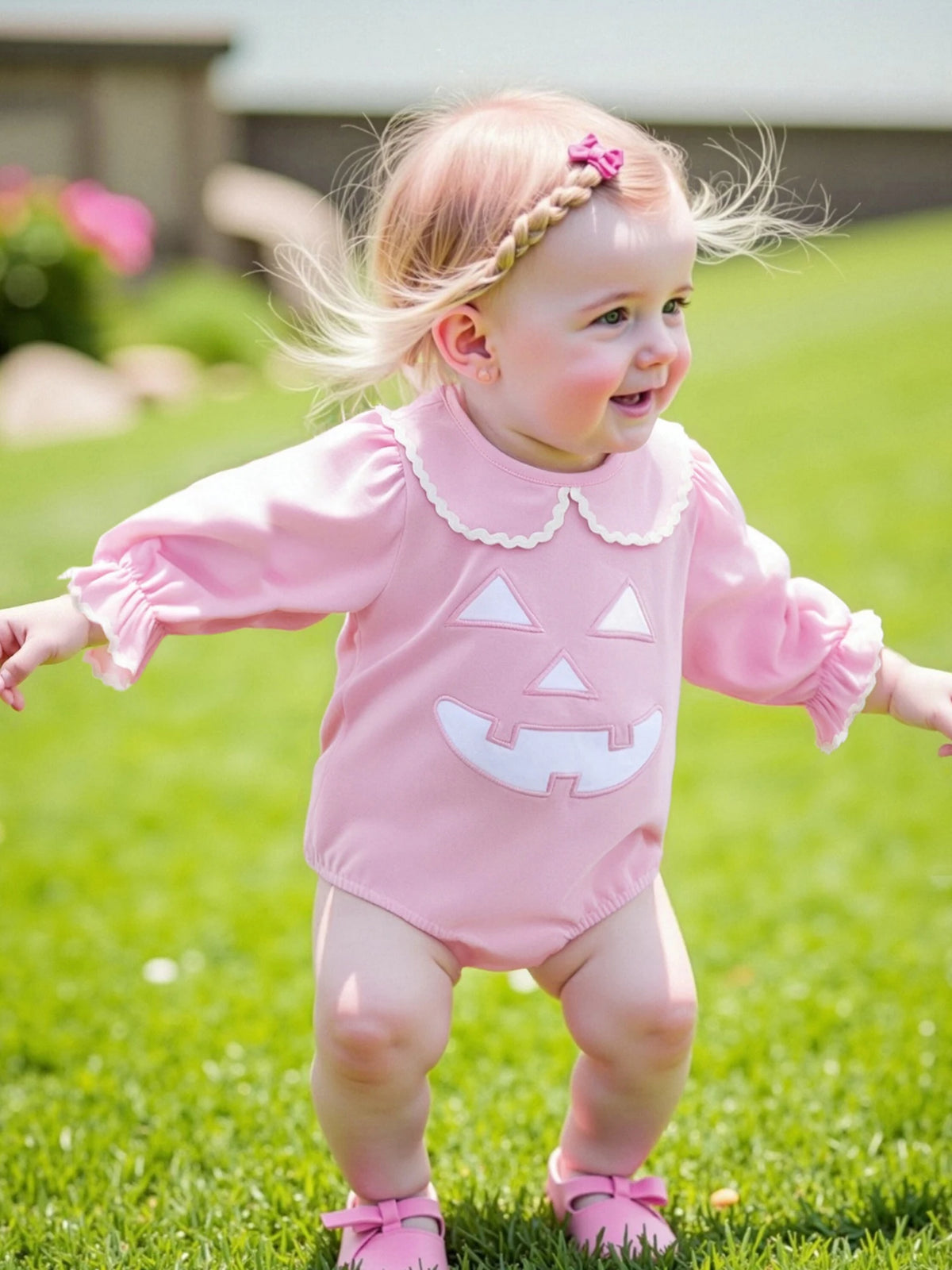 Pumpkin Petootie Little Girl Romper - Palm Beach Pink