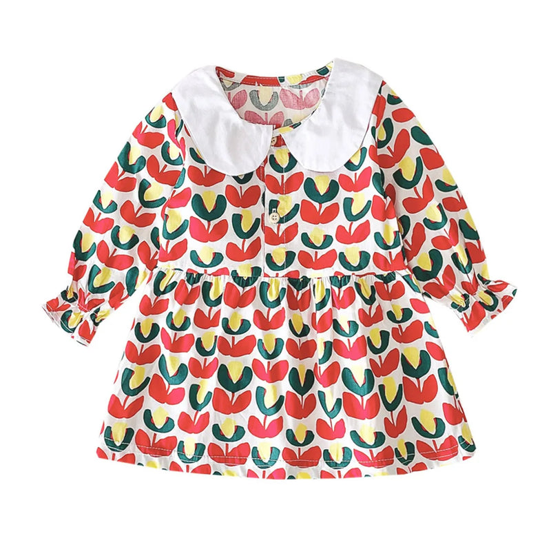 "Mariella" Floral Print Peter Pan Collar Dress in vibrant red and yellow tulip pattern, featuring a classic Peter Pan collar and lantern sleeves, perfect for little girls.