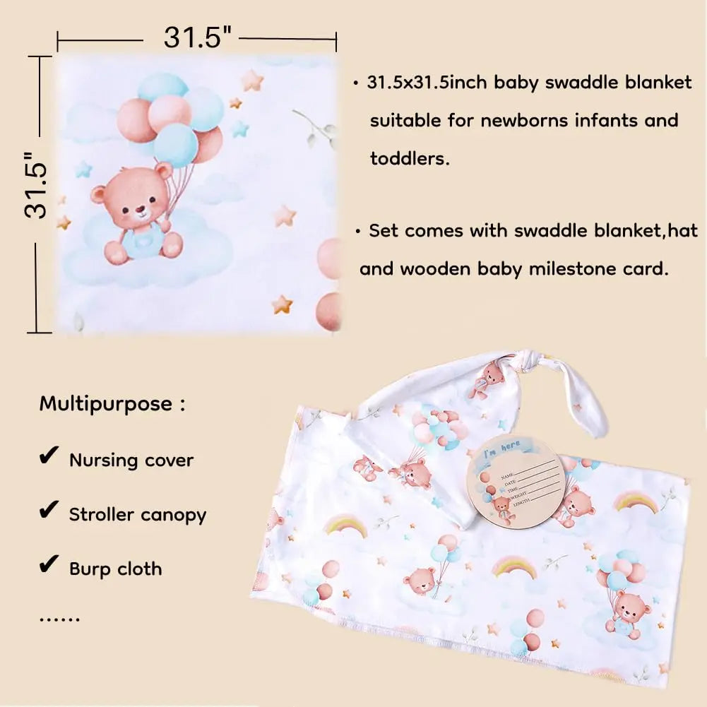 Bear and balloon print baby swaddle blanket 2-piece set with matching hat and milestone card.