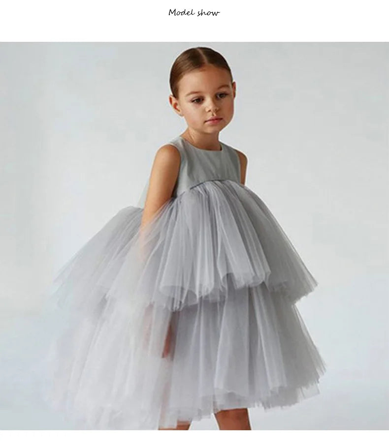 Cara Ann Girls Tiered Tulle Party Dress in Gray with empire waist, sleeveless, mid-calf length.