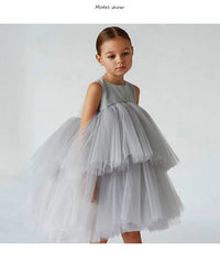 Cara Ann Girls Tiered Tulle Party Dress in Gray with empire waist, sleeveless, mid-calf length.