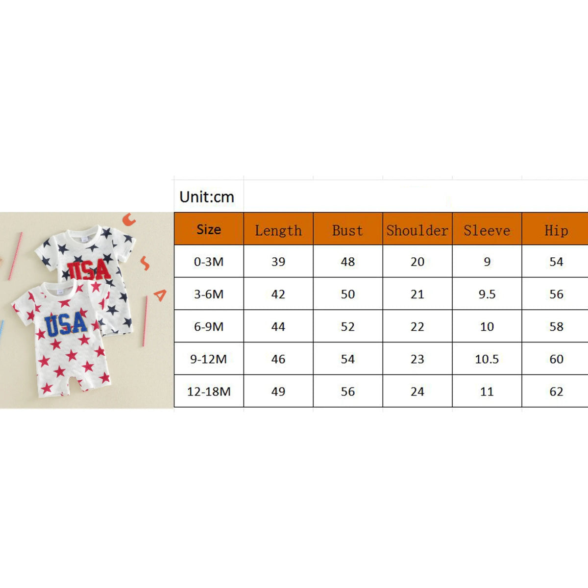 Baby romper with 'USA' print and size chart on a white background