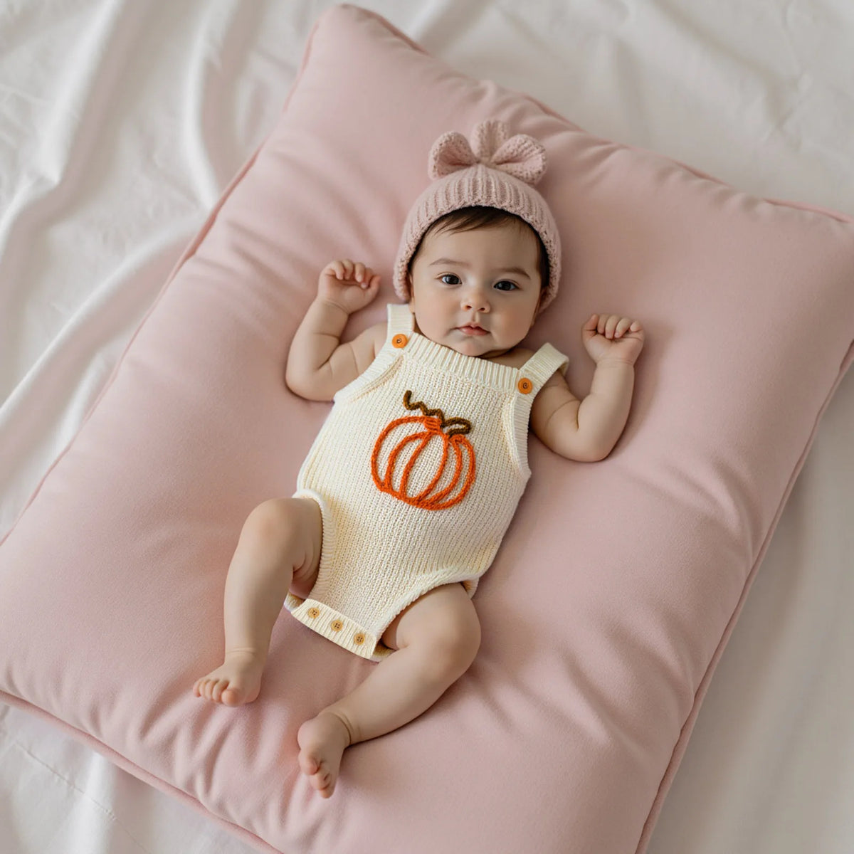 Baby wearing cream knit pumpkin patch romper overalls with matching pink bow hat on soft pink pillow.