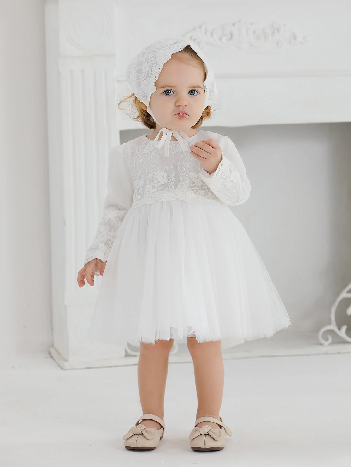 Emily White Lace Special Occasion Dress & Bonnet - The Palm Beach Baby Estimated 12 - 19 Day Shipping