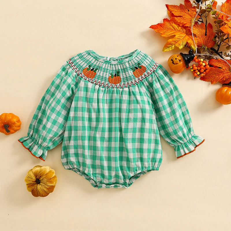 Holiday Cuteness Smocked Baby Bubbles in teal gingham adorned with pumpkin embroidery, great for Thanksgiving or Halloween.