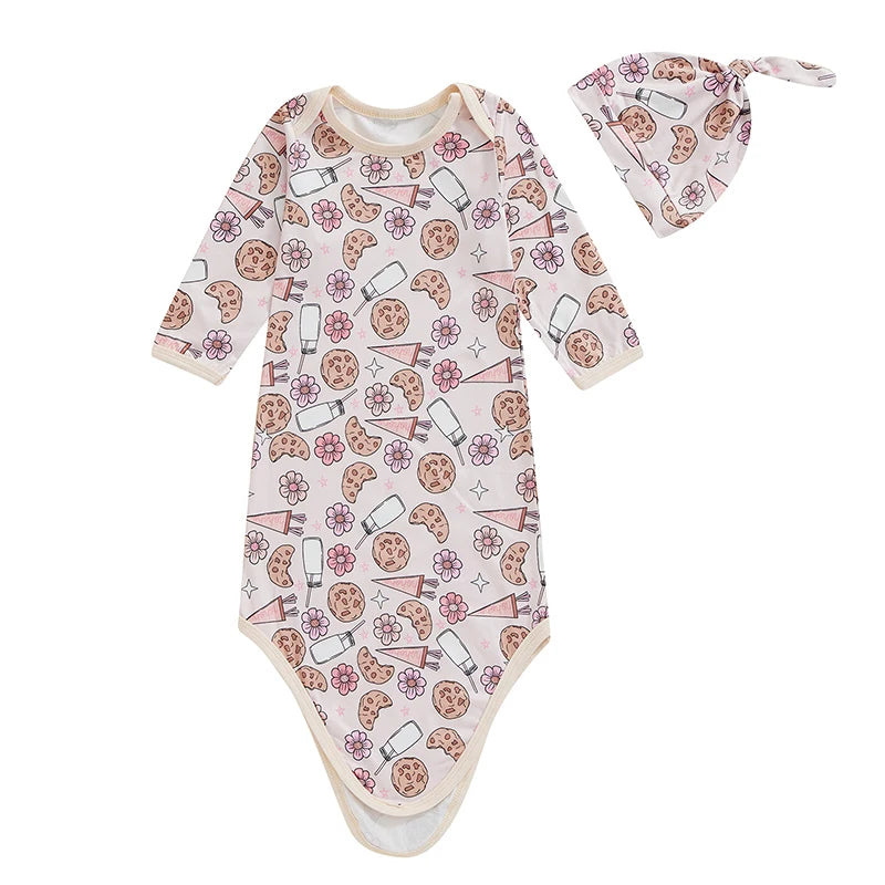 Cookie-themed Candy Cane Sweetie Sleeper Swaddle Gown & Hat with a delightful print, perfect for festive occasions, emphasizing the cozy baby swaddle gown concept.